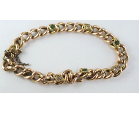 Vintage rose gold, emerald and diamond bracelet marked 10c, approx 19.5 cm long, weighing approx 10.45 grams