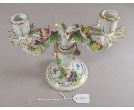 Vintage Dresden porcelain candelabra applied floral decoration, to 2 armed candelabra. Height 17cm approx.