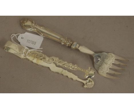 Georgian sterling silver sugar tongs hallmarked for maker CB (possibly Charles Boyton), embossed decoration; together with vi