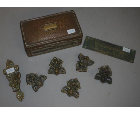 Vintage Dutch brass cigar box & contents box with hand beaten lid and embossed decoration, marked 'Baalderop; together with 5