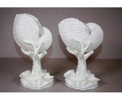 Two Victorian Royal Worcester nautilus shell vases 18.5cm high approx., one as inspected
