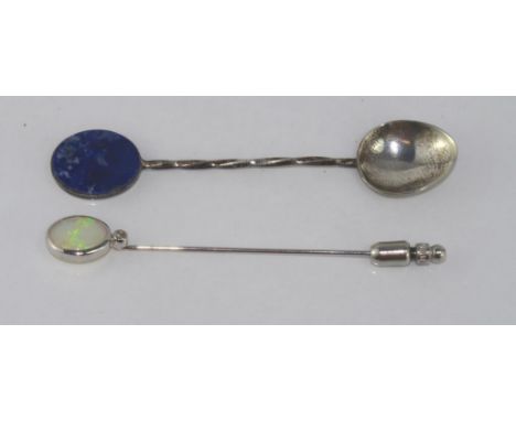 18ct white gold, solid opal & diamond stick pin weight: approx 2.25 grams, together with a silver and lapis spoon