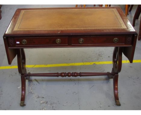 Georgian style drop leaf sofa table with tooled insert top, 2 drawers and lyre shaped end, width 92cms (closed) X height 72.5