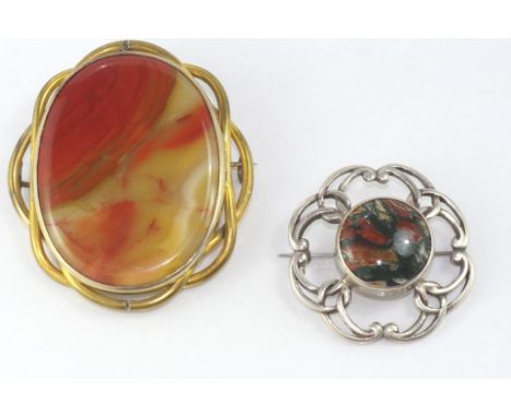 Silver Scottish moss agate brooch together with another large stone set brooch