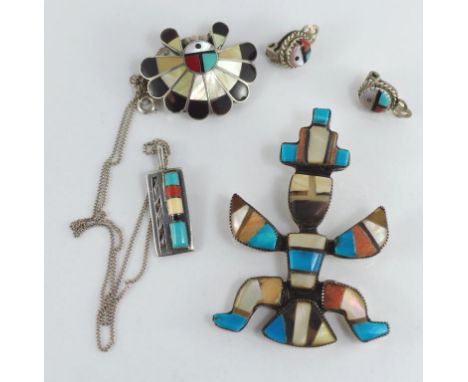 Various American Indian silver and stone jewellery including pendant, earrings and brooches