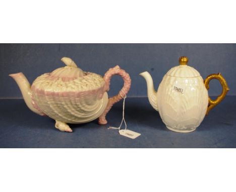 Vintage Belleek porcelain teapot shell and coral form with pink decoration, second version black mark to base. (Small chip to