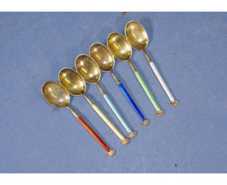 Six Norwegian gilt silver & enamel coffee spoons stamped sterling