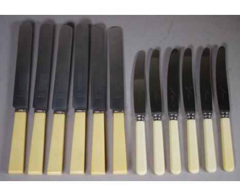 Two sets of 6 bone handle knives comprising of a set of Harrison Bros and Howson main course knives and a set of Grosvenor en