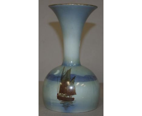 Vintage Shelley ceramic vase sailing boats on a lake decoration, on blue ground. Height 19cm approx.
