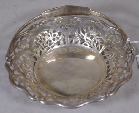 Vintage Chinese silver pierced serving basket pierced blossom and foliage decoration,swing handle, marked 'YUCHANG, STERLING'