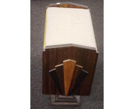 Art deco wooden stool fan form decoration to each side, upholstered seat. Height 47cm Width 46cm approx.