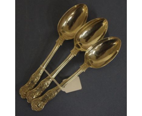 Set three Victorian sterling silver dessert spoons each London 1855, maker John James Whiting/John Whiting, crested, Kings Pa