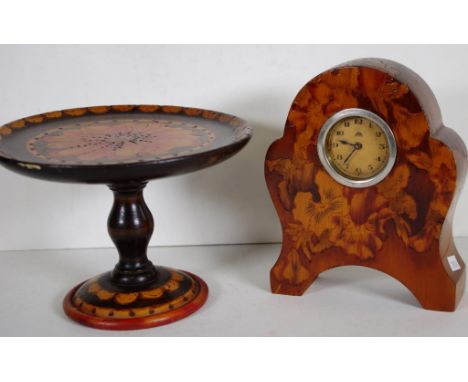 Vintage Australian pokerwork mantle clock wildflower decoration, with inset clock, (not operating), (height 18cm approx); tog