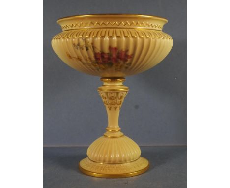 Royal Worcester ivory blush footed bowl with hand painted gilt and floral decoration, height 21cm approx