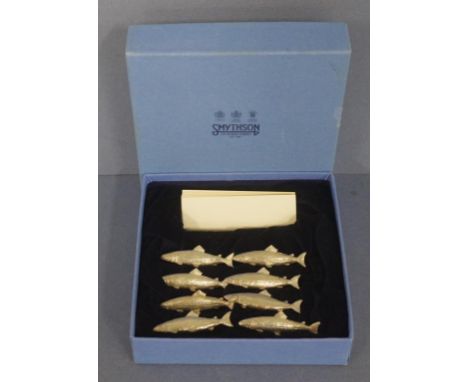 Boxed set Smythson silver plate name card holders 8 pieces, each of fish form. Length 5.5cm approx (each fish).