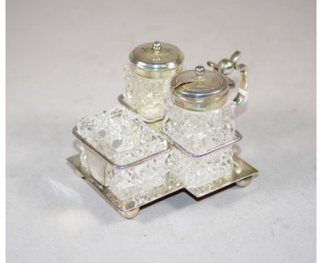 Vintage silver plate & crystal cruet set including 2 silver capped crystal bottles, & a crystal open salt, in a silver plated