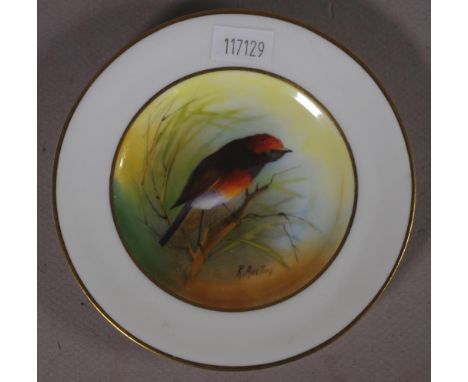 Antique Royal Worcester signed small dish 'Red Capped Robin,' signed by R. Austin, marked to base and # C1806. Circa 1910. Di