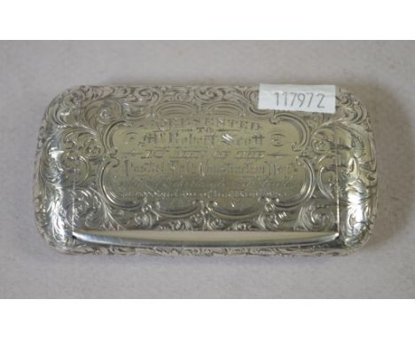 Victorian sterling silver snuff box Birmingham 1859, makers Neill & Cook, engraved decoration, with well engraved dedication 