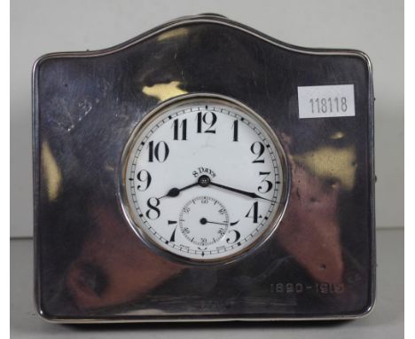 George V sterling silver cased travelling clock Birmingham 1915, makers Hardy Brothers. Monogrammed and engraved 1890-1915. I