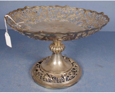 Vintage Chinese silver comport pierced blossom and foliage decoration to top and to base. Character marks to base. Diameter 2