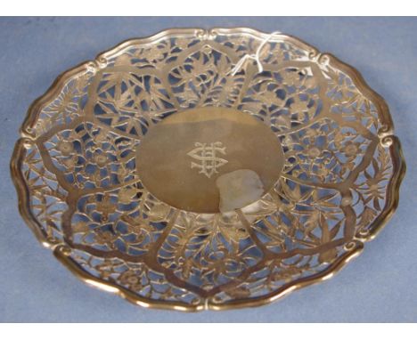 Vintage Chinese silver serving dish pierced blossom and foliage decoration, monogrammed, marked to base, 'MADE IN CHINA/STERL