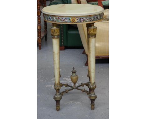 Antique European onyx table with enamel decoration, 49cm diameter, 81cm high