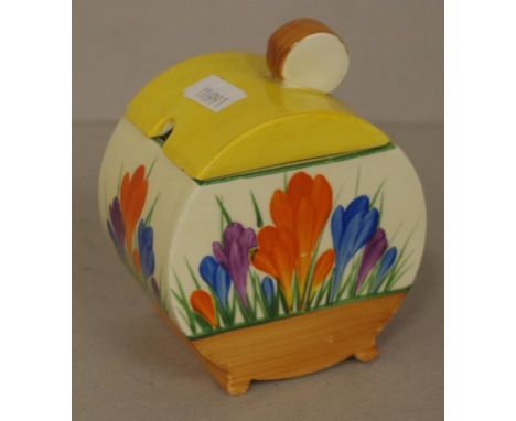Vintage Clarice Cliff Bizarre 'Crocus' sugar bowl with lid, marked to base, with Reg. No. 776245. Height 10cm approx.