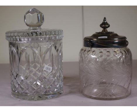 Two cut crystal biscuit barrels one with silver plated top and handle, height 21cm approx