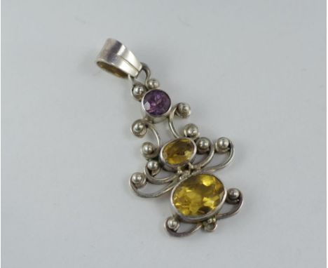 Silver, citrine and amethyst pendant approx 5cm drop