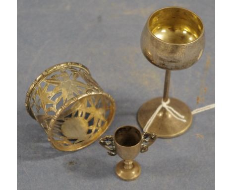 Three vintage Chinese silver items including miniature liqueur cup, marked 'Lainchang' to base; miniature trophy cup, monogra