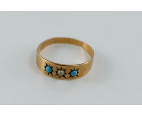 Edwardian 10ct gold ring set with turquoise beads stamped D F 10k, size 7 / O. Weight1.2gms