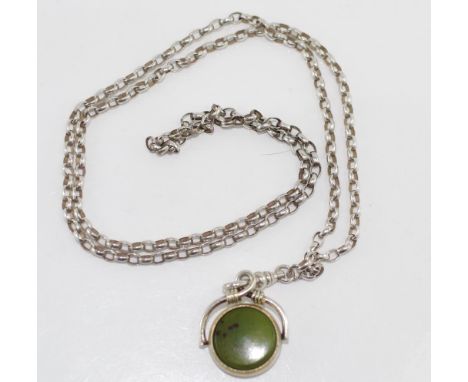 Antique sterling silver fob chain with green & red stone spinner