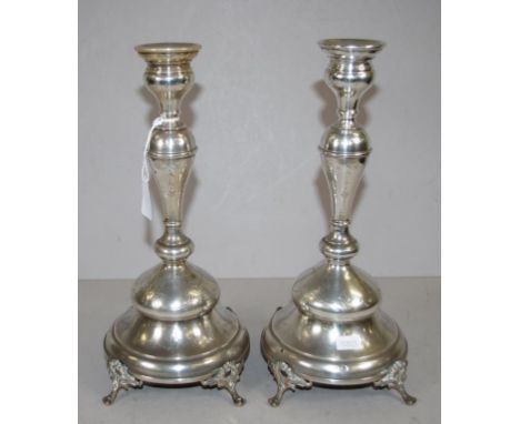 Pair vintage Austrian silver candlesticks marked to base, engraved decoration, on four feet to each. Height 28.5cm approx (ea