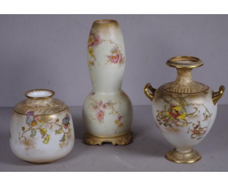 Three various vintage Doulton vases each floral decorated, with gilt highlights, marked to bases. Height 19.5cm approx (talle