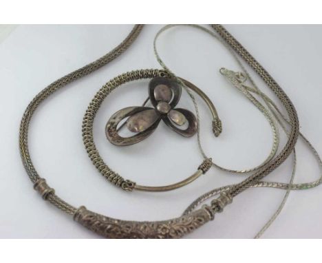 Silver brooch, necklaces & cuff