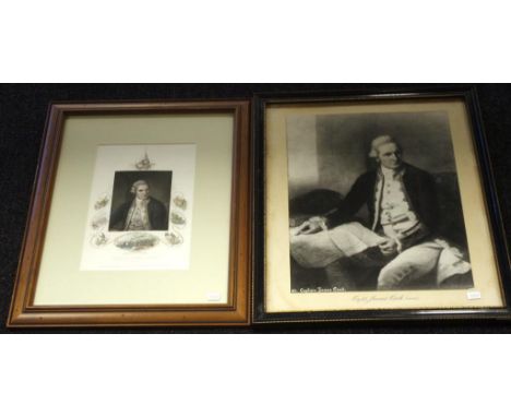 Two various framed Captain Cook portraits including print, titled ' Captain James Cook, Dance;'  and engraving from Greenwich