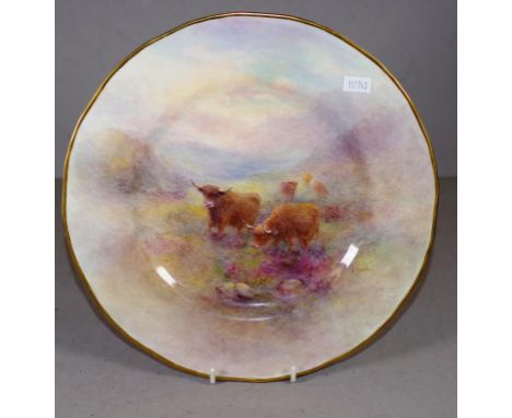 Royal Worcester handpainted Highland Cattle plate signed H. Stinton, 27.5cm diameter approx.