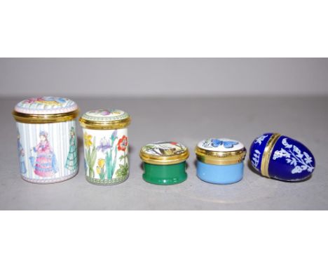 Five various Halcyon Days enamel lidded boxes including children decorated, bird, and butterfly decorated, and acorn shape. H