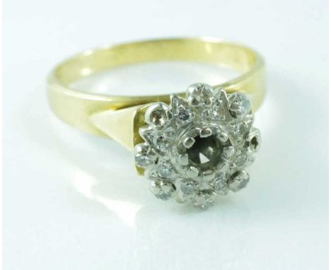 Yellow gold and diamond cluster ring set in 18ct gold with14 single cut diamonds TDW 0.18ct, centre diamond and two outside d