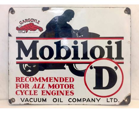 Mobiloil 'D' Motorcycle Oil Enamel SignBritish, c1930s, single-sided enamel sign; 'Gargoyle Mobiloil 'D': Recommended for all