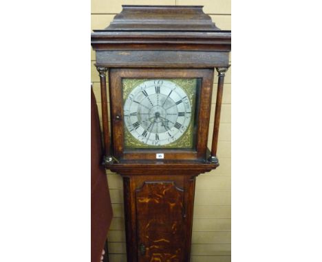 AN EARLY 19th CENTURY OAK LONGCASE CLOCK BY ASHTON, the tea caddy hood with single glazed door and flanking turned pillars ho