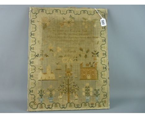 AN EARLY 19th CENTURY NEEDLEWORK SAMPLER by Mary Dutton, Christleton, unframed with verse, Adam and Eve, buildings, flowers, 