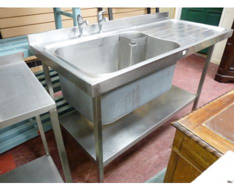 *AN ALL STAINLESS STEEL SINK AND DRAINER with taps and base shelf, 150 x 70 cms