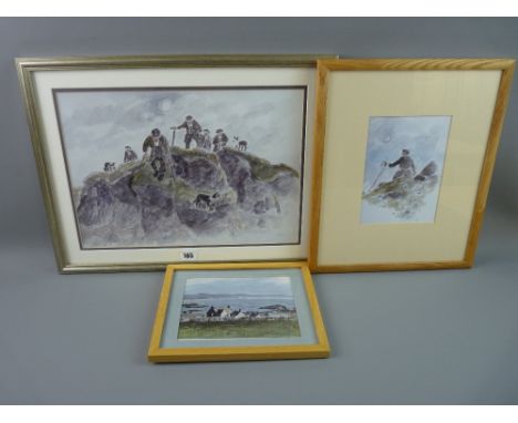 SIR KYFFIN WILLIAMS RA coloured print - five farmers and their three sheepdogs on a hilltop, printed initials, 29 x 40 cms an