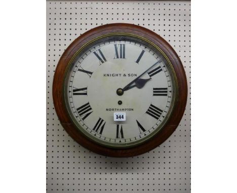 A CIRCULAR DIAL OAK CASED WALL CLOCK by Knight & Son, Northampton, single fusee movement with pendulum and key, the dial set 