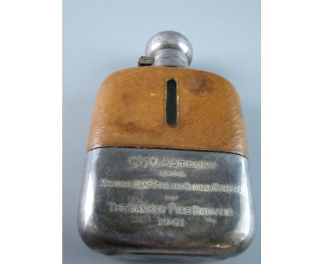 A GARRARD SILVER, LEATHER AND GLASS HIP FLASK, Sheffield hallmarks for 1959, the removable cup with presentation inscription 