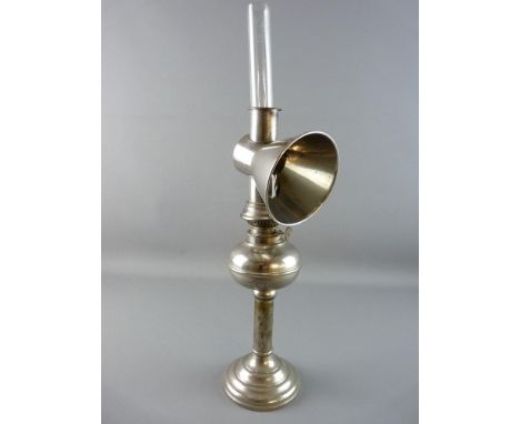 A W & W KOSMOS LACEMAKER'S LAMP, 19th Century white metal plated with reflector cover and glass funnel, 54 cms approximate he