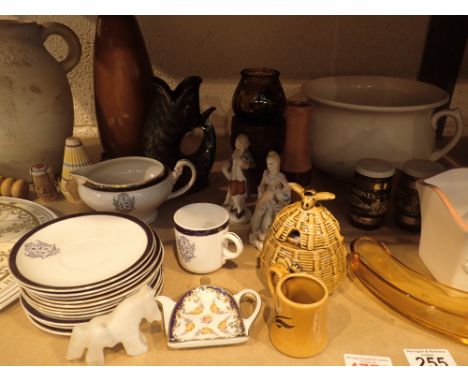 Shelf of mixed items including jug soda syphon lamp potty ceramics etc