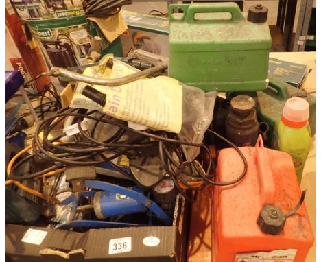 Tools including jigsaw inspectors lamp bottle jack and box of assorted screws car jacks etc 