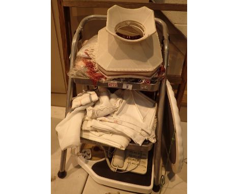 Mixed lot including wooden clothes airer kitchen steps bathroom scales firescreen assorted linen push button telephone etc